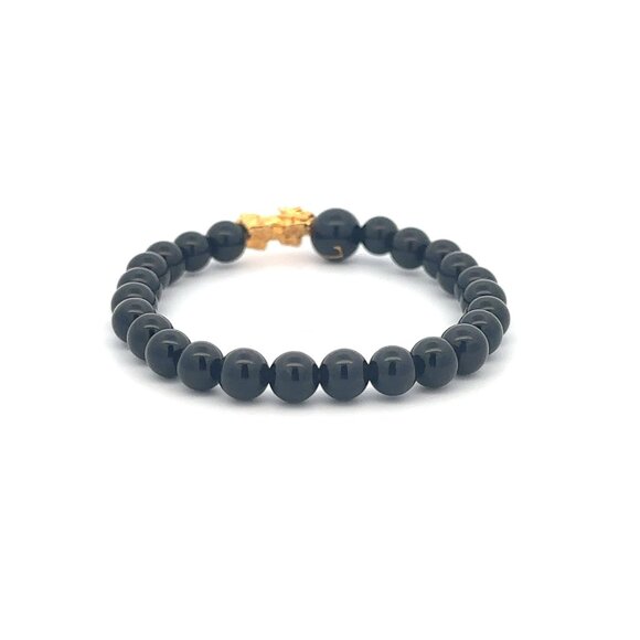 18K Gold Pixiu Piyao Bracelet Gemstones Onyx 6mm Elastic Bracelet Letter L - Picture 3 of 5